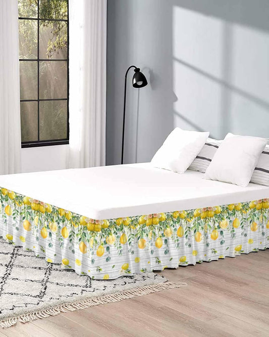Yellow Lemon Bed Skirt Queen Size 16 Inch Drop, Adjustable Elastic Wrap Around Bed Skirts Easy Fitting Dust Ruffle Bedskirt Bed Frame Cover Green Eucalyptus Wood Grain Farmhouse