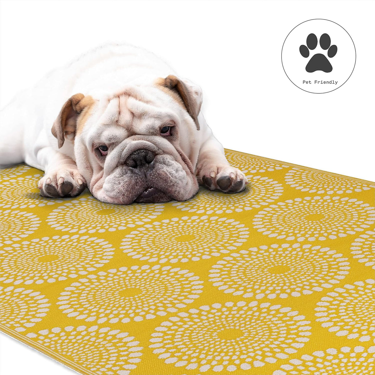 Outdoor Rug - Waterproof, Fade Resistant, Crease-Free - Premium Recycled Plastic - Floral Medallion - Porch, Deck, Balcony, Mudroom, Laundry Room, Patio - Rio - Yellow - 3 x 5 ft