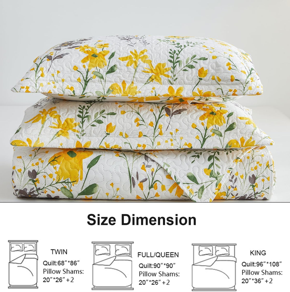 Floral Quilt Sets Full/Queen Size Reversible Countryside Bedspread Coverlets Lightweight Yellow Flower Quilt Green Leaves Bed Covers for All Season,1 Quilt +2 Pillow Shams