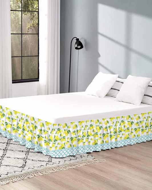 Yellow Lemon Bed Skirt Queen Size 16 Inch Drop, Adjustable Elastic Wrap Around Bed Skirts Easy Fitting Dust Ruffle Bedskirt Bed Frame Cover Farmhouse Summer Botanical Watercolor