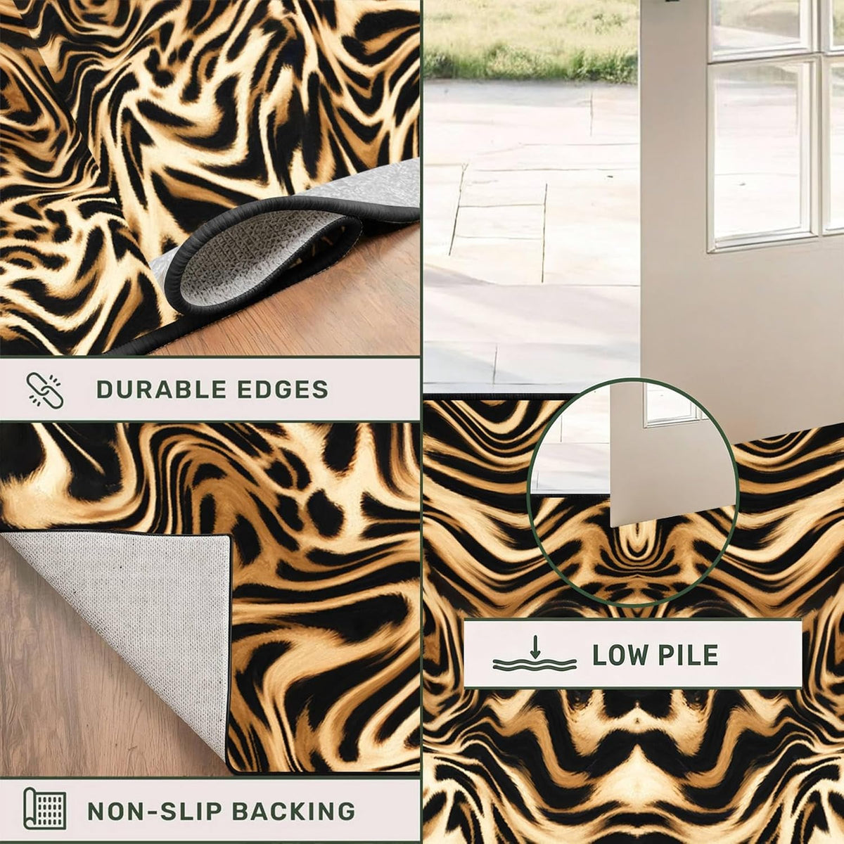 Tiger Stripe Washable Runner Rugs,2x8ft,Black Yellow with TPR Rubber Backing Non Slip Runner Rug for Hallway Kitchen Thin Durable Pet Friendly Bedroom Western Long Bathroom Rug