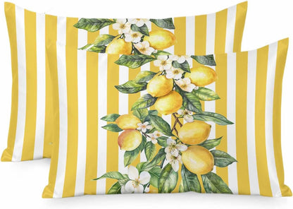 Yellow Lemon Floral Leaf King Standard Pillow Cases Set of 2, Vertical Stripe Satin Pillow Case Cover with Smooth Hidden Zipper Closure, Soft Throw Pillow Covers Cases for Home Decor 20X36 Inch