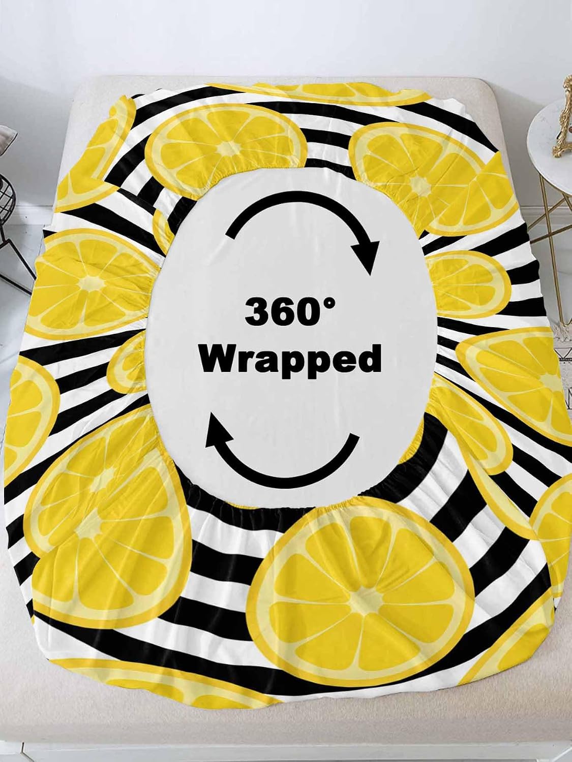 Twin Bed Fitted Sheets Farmhouses Country Yellow Lemon Bed Set with 16" Deep Pocket,Soft Microfiber Bedding Bottom Sheet with Decorative Pillowcases Black White Stripes