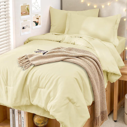 5 Pieces Twin XL Comforter Set, Soft Bed in a Bag Twin XL Size, All Season Bedding Set with Comforter, Flat Sheet, Fitted Sheet, Pillowcases & Shams, Cream Yellow