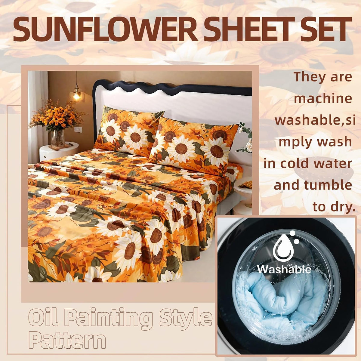 4Pcs Floral Queen Size Bed Sheets,Floral Microfiber Bedding Sheet Sets,Boho Yellow Sunflowers Pattern,included 1 Fitted Sheet 14''Deep Pocket + 1 Flat Sheet + 2 Pillowcases,Breathable and Wrinkle.