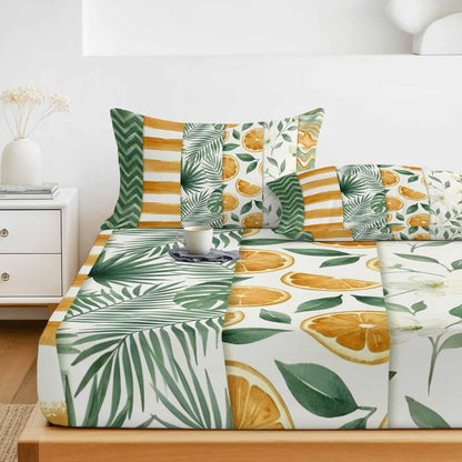 Twin Sze Fitted Sheet Set - Yellow Lemons 2 Piece Bedding Sets 16" Deep Pocket Fitted Sheet with 1 Pillowcase, Summer Botanical Green Leaves Fruits Striped Brushed Microfiber Hotel Luxury Bed Sheets