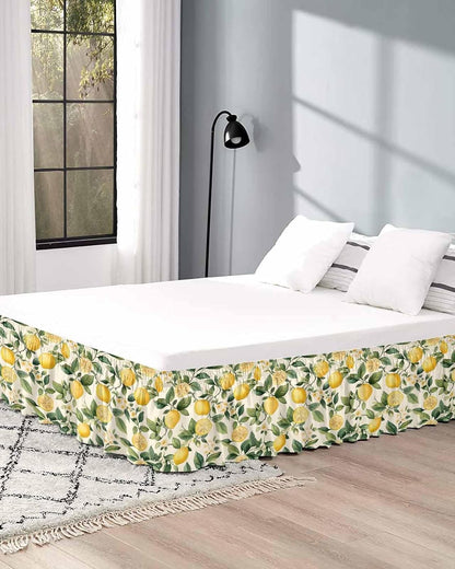 Lemon Flower Bed Skirt Queen Size 16 Inch Drop, Adjustable Elastic Wrap Around Bed Skirts Easy Fitting Dust Ruffle Bedskirt Bed Frame Cover Green Leaf Fruit Botanical Plant Yellow