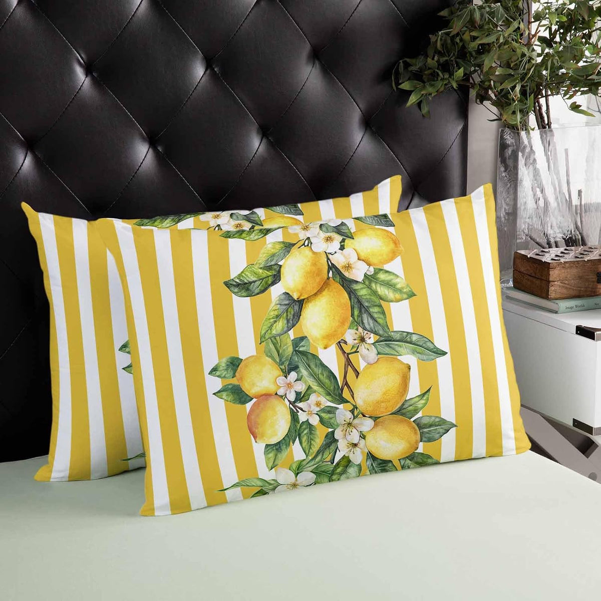 Satin Pillowcase Standard Pillow Cover 20 x 26 Inch Summer Lemon Flowers Leaves Yellow White Stripes Lumbar Pillow Cases Rectangular Decorative Pillow Shams for Bed Sofa Guest Room