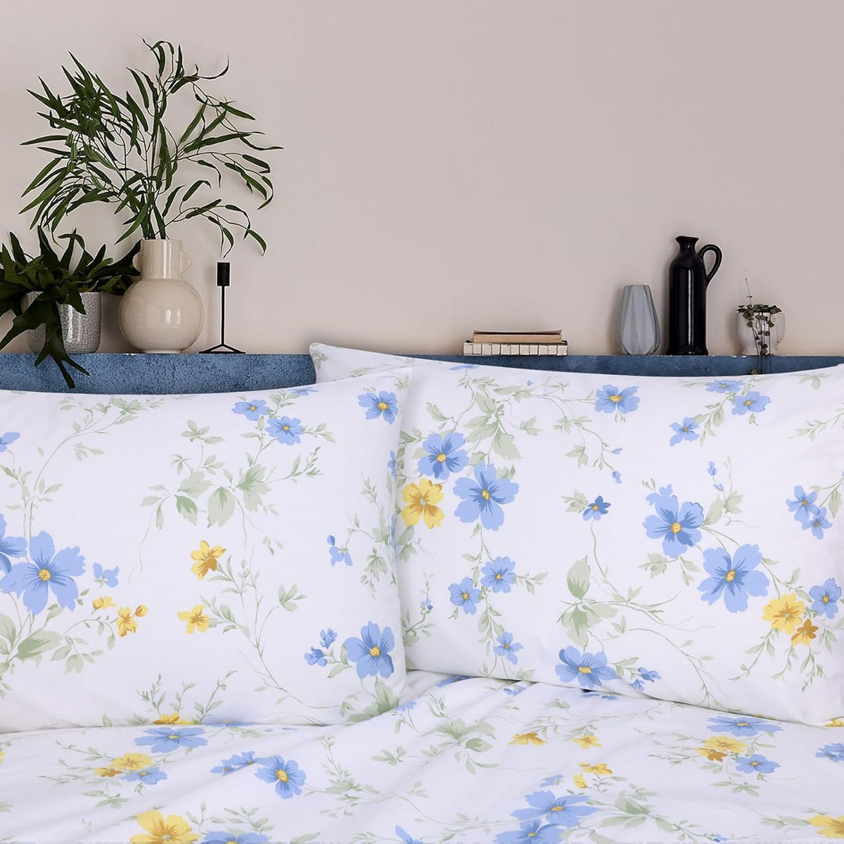 Cotton Sheet Set Floral Queen Blue Yellow Spring Flower Fitted Sheets